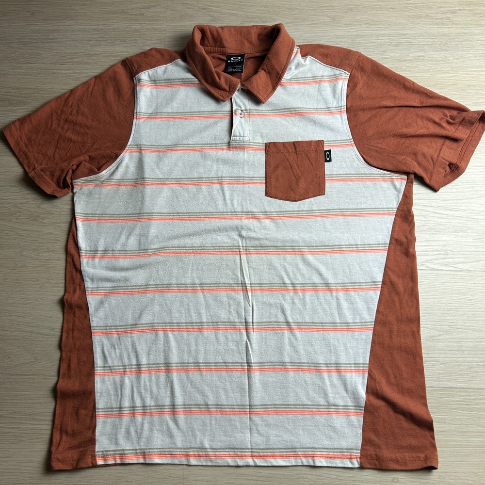 Vintage Oakley Mens Large Polo Shirt Rust Orange Striped Pocket Y2K Casual